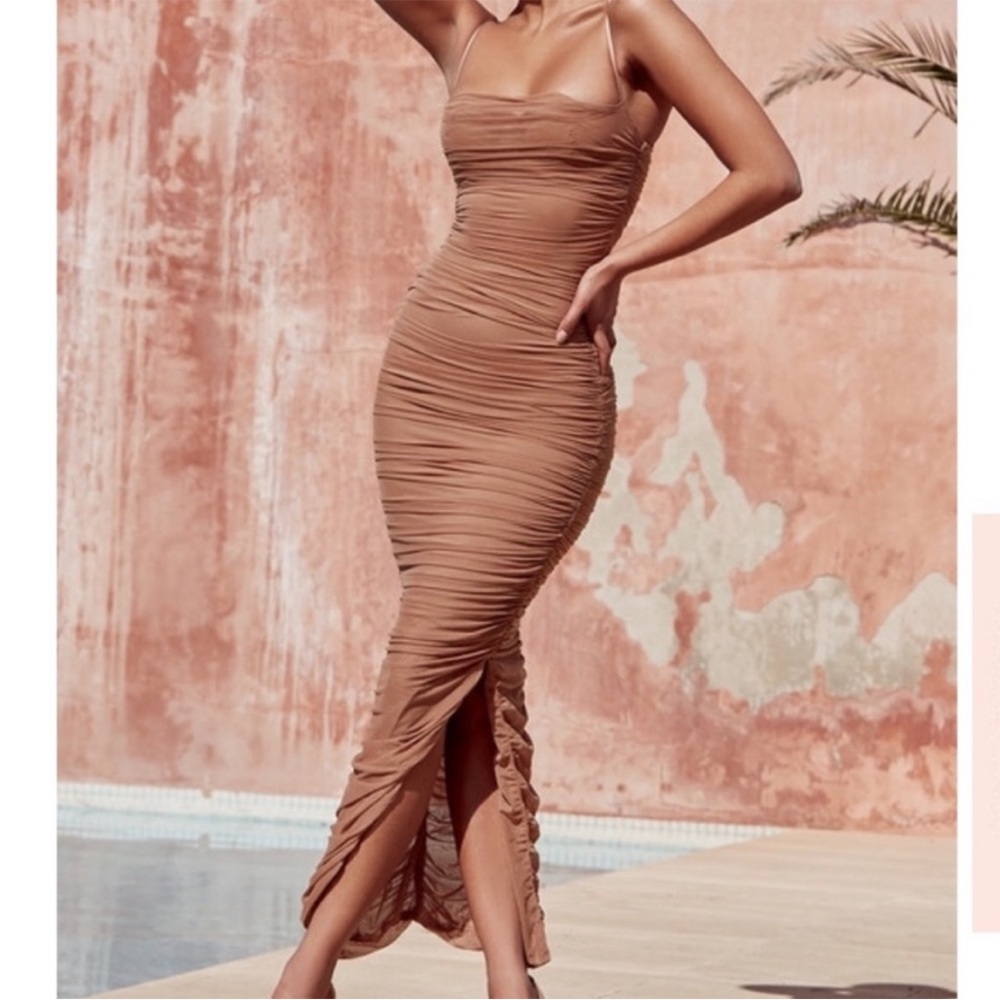 House of CB Fornarina Organza Mesh Ruched Maxi Dress Tan Size Small - Picture 1 of 12